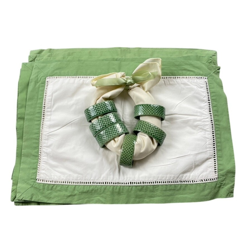 Vintage Sage Green White Placemats & Ceramic Basketweave Napkin Rings Set of 6
